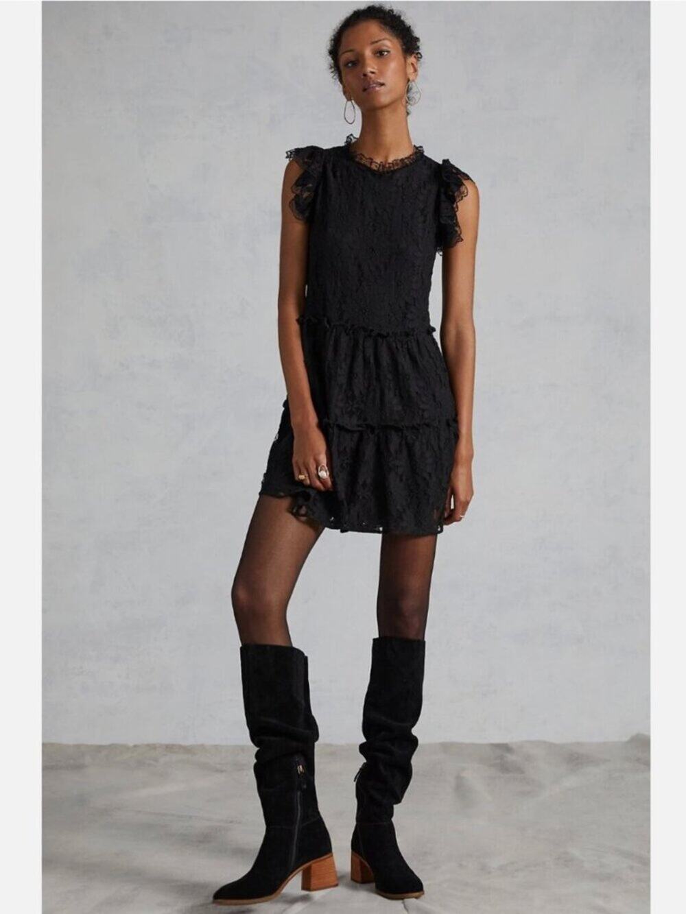 Anthropologie Blue Tassel Tiered Black Lace Tunic Mini Dress